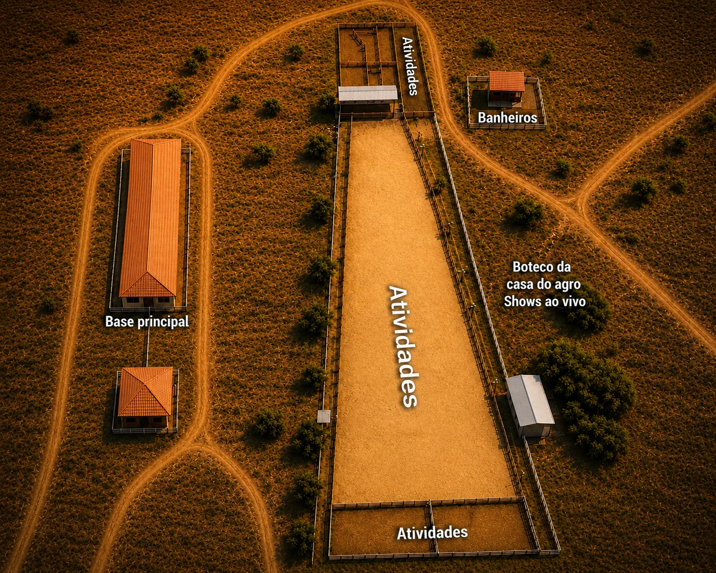 Mapa aéreo do evento da Casa do Agro no MP Rancho, mostrando a base principal, a arena de atividades, os banheiros e o boteco da casa do agro
